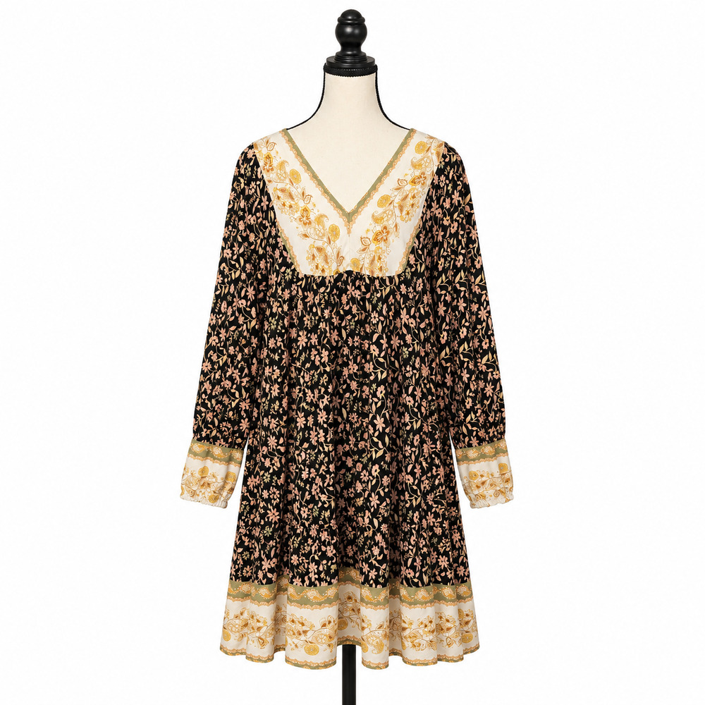 Rusttydustty Mini Dress Womens XL Multicolor Floral Print Balloon Sleeve Boho